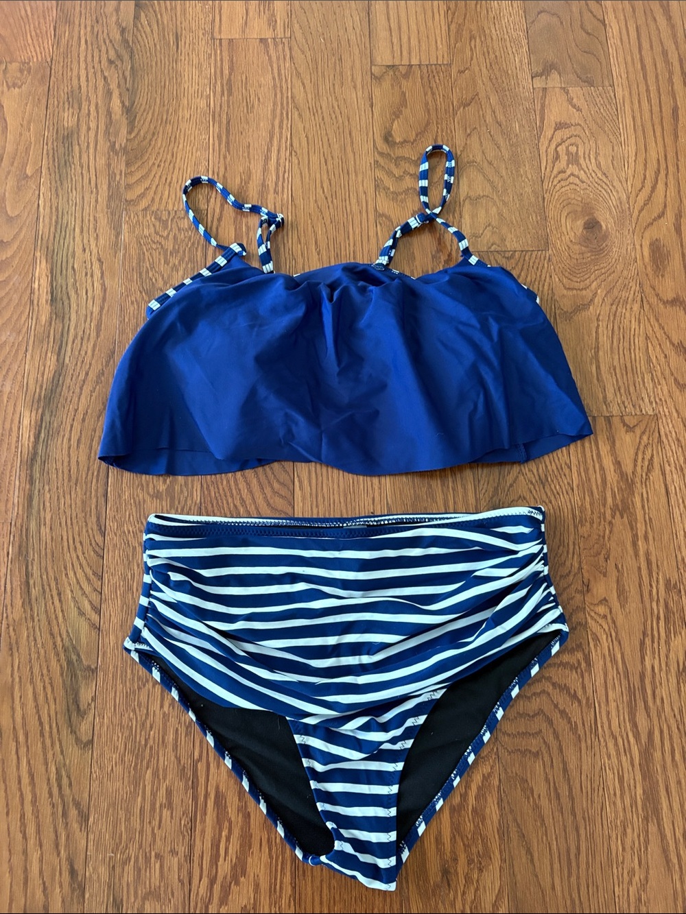 Blue Two-Piece Striped High-Waist Swim Set
